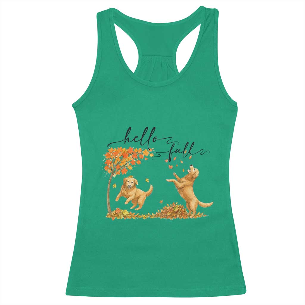 Funny Hello Fall Thanksgiving Golden Retriever Racerback Tank Top - Wonder Print Shop