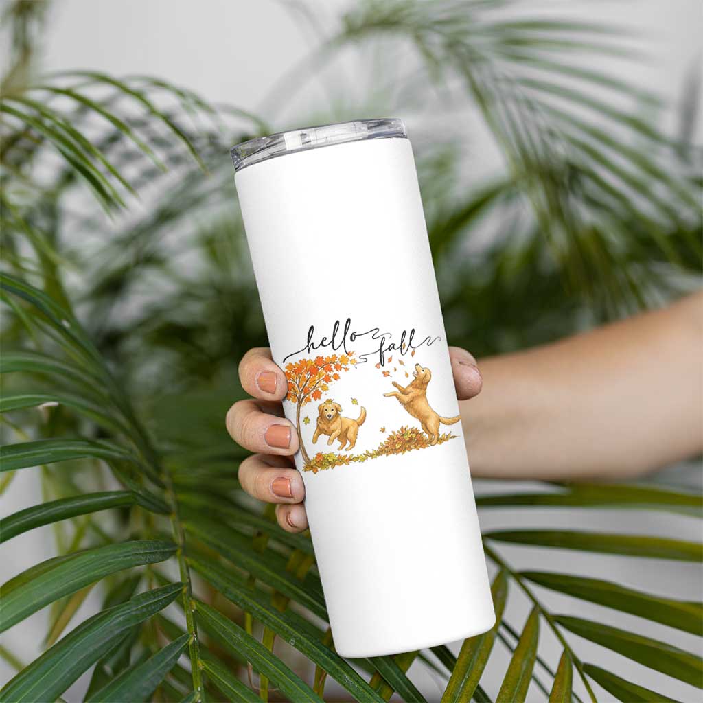 Funny Hello Fall Thanksgiving Golden Retriever Skinny Tumbler