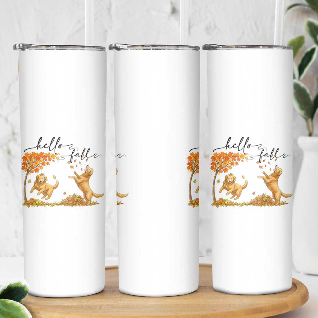 Funny Hello Fall Thanksgiving Golden Retriever Skinny Tumbler