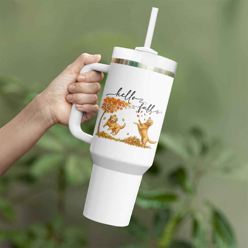 Funny Hello Fall Thanksgiving Golden Retriever Tumbler With Handle