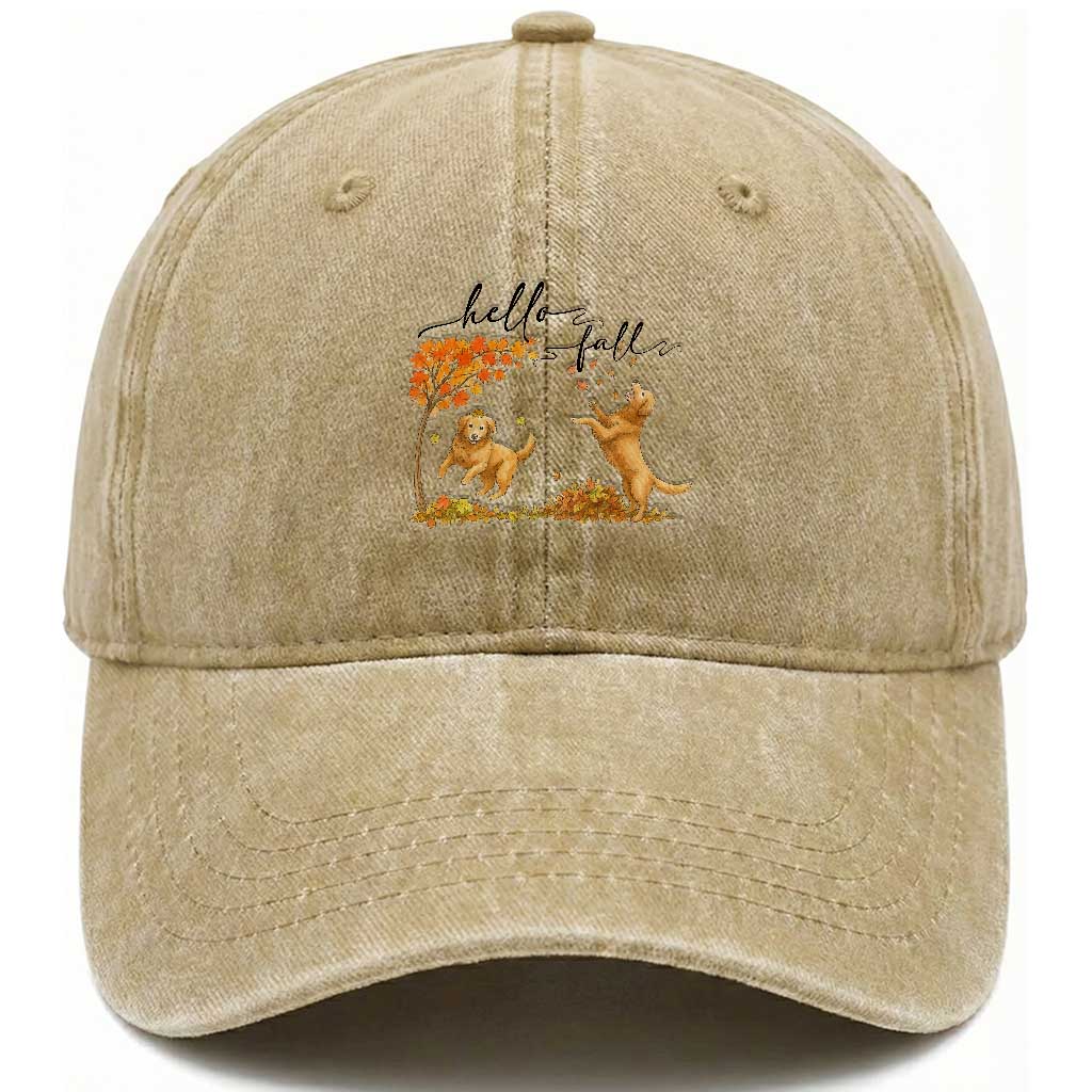 Funny Hello Fall Thanksgiving Golden Retriever Washed Cotton Baseball Cap