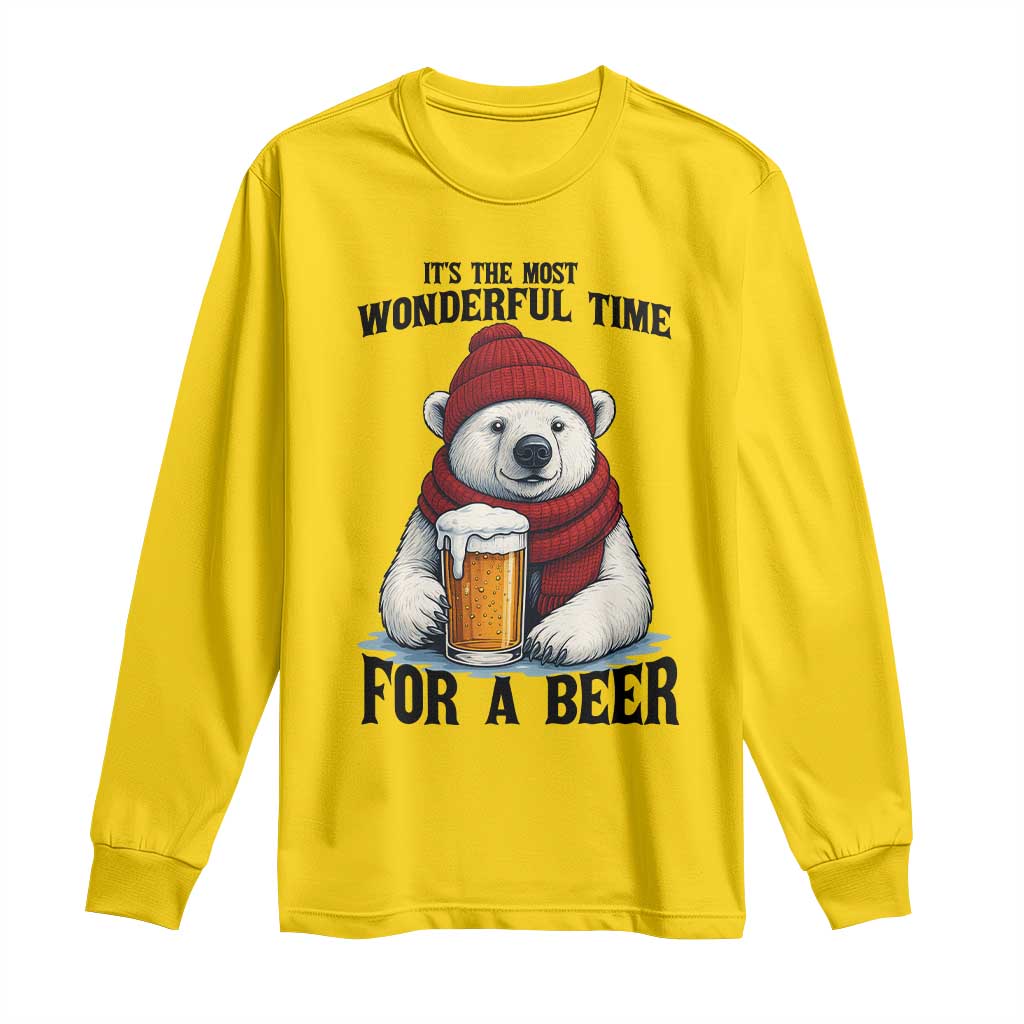 It is The Most Wonderful Time For A Beer Long Sleeve Shirt Funny Polar Bear Drinking Beer - Wonder Print Shop