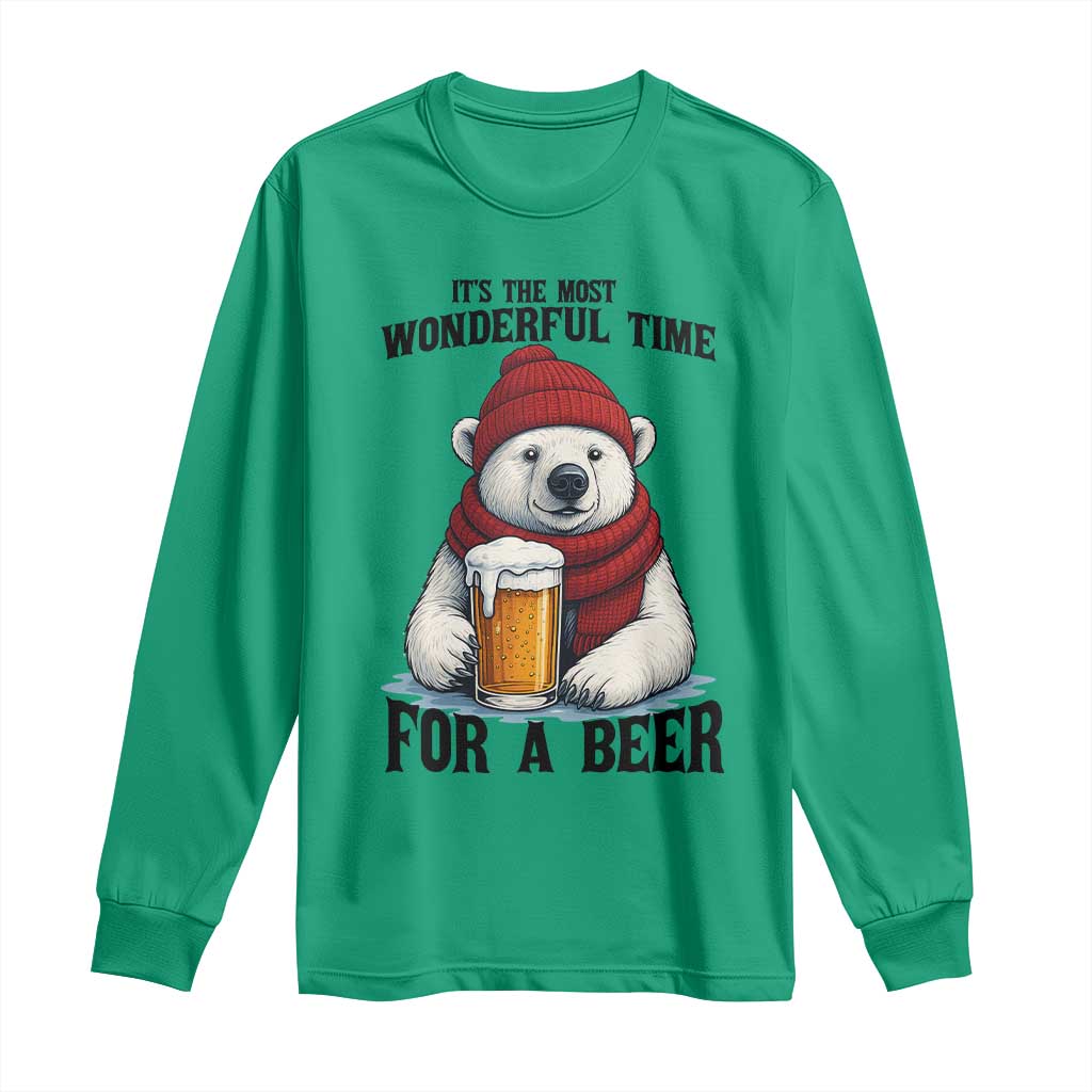 It is The Most Wonderful Time For A Beer Long Sleeve Shirt Funny Polar Bear Drinking Beer - Wonder Print Shop