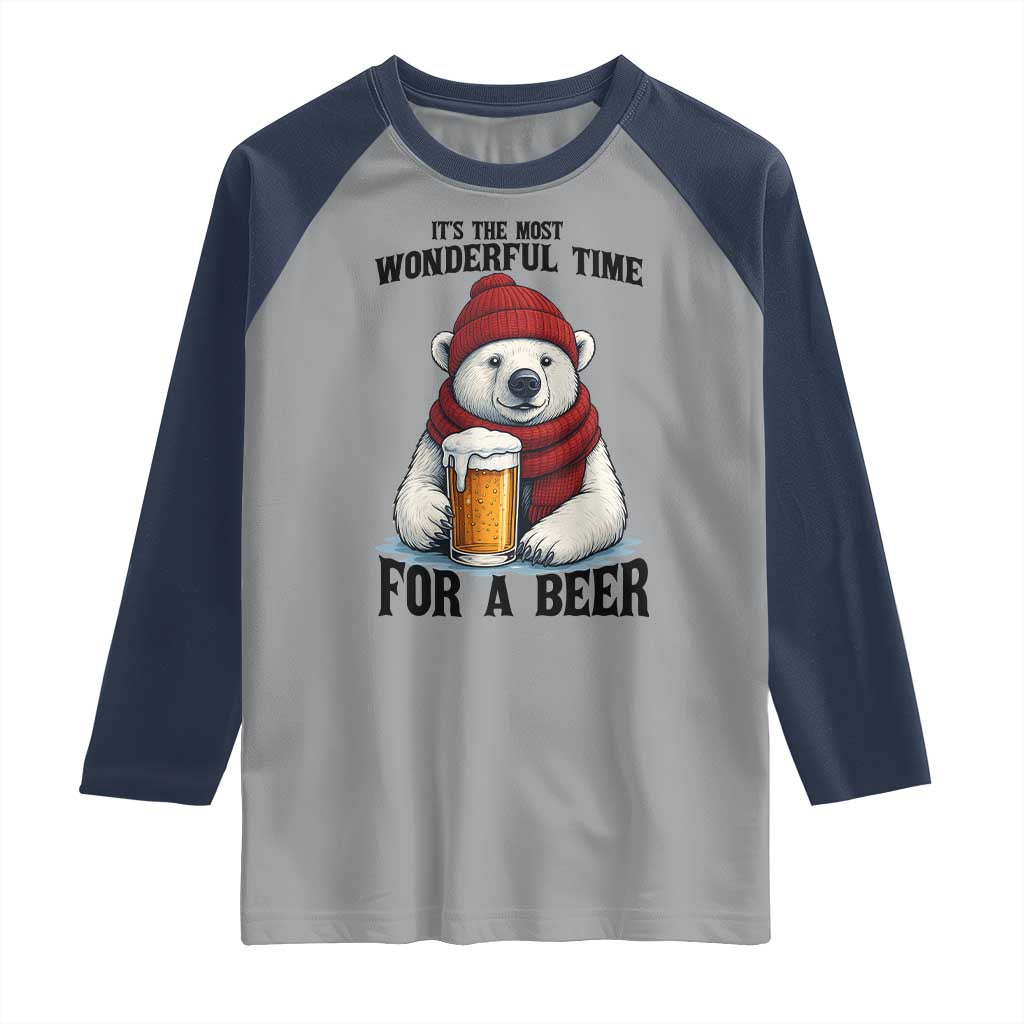 It is The Most Wonderful Time For A Beer Raglan Shirt Funny Polar Bear Drinking Beer - Wonder Print Shop