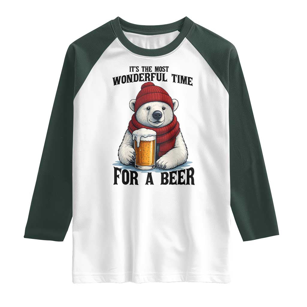 It is The Most Wonderful Time For A Beer Raglan Shirt Funny Polar Bear Drinking Beer - Wonder Print Shop