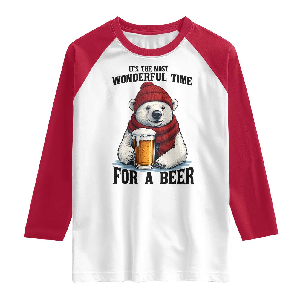 It is The Most Wonderful Time For A Beer Raglan Shirt Funny Polar Bear Drinking Beer - Wonder Print Shop