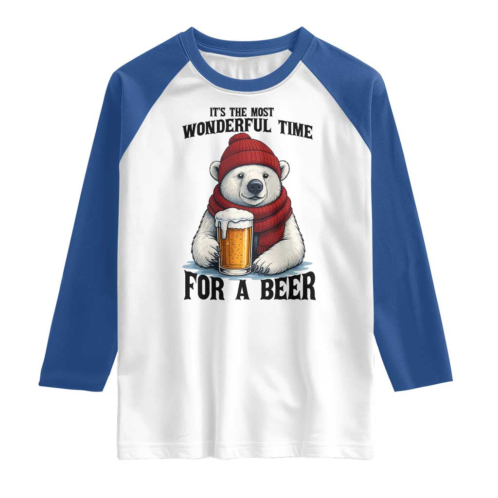 It is The Most Wonderful Time For A Beer Raglan Shirt Funny Polar Bear Drinking Beer - Wonder Print Shop