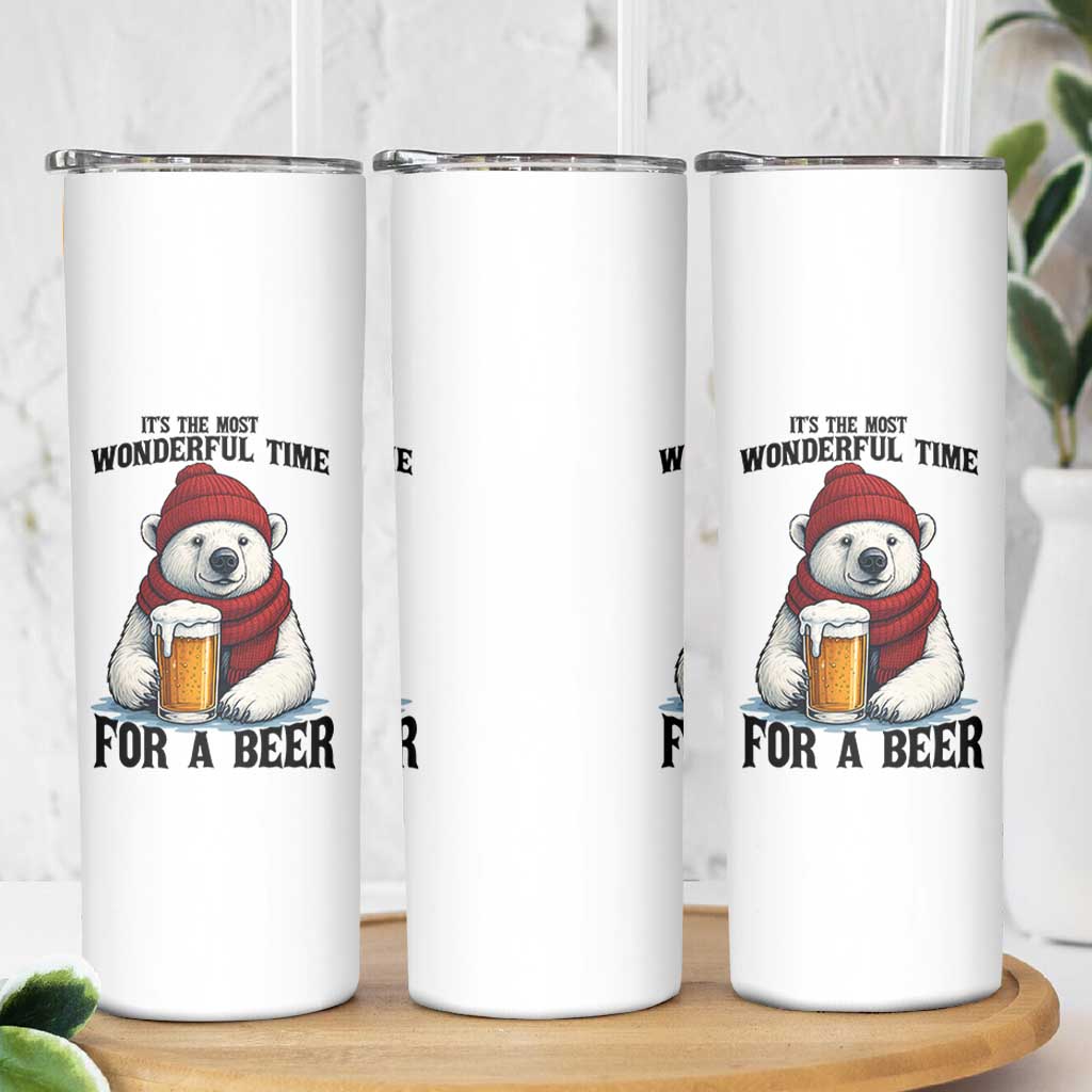 It is The Most Wonderful Time For A Beer Skinny Tumbler Funny Polar Bear Drinking Beer