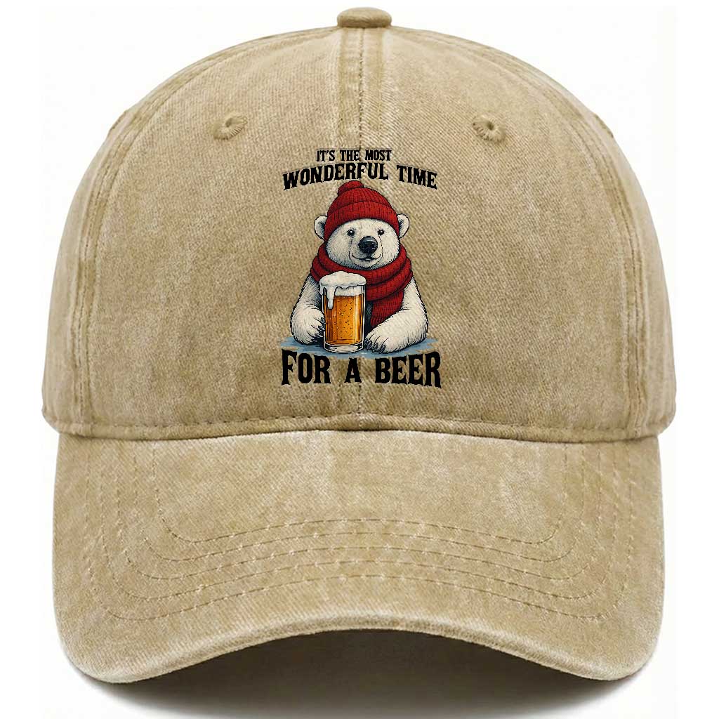 It is The Most Wonderful Time For A Beer Washed Cotton Baseball Cap Funny Polar Bear Drinking Beer