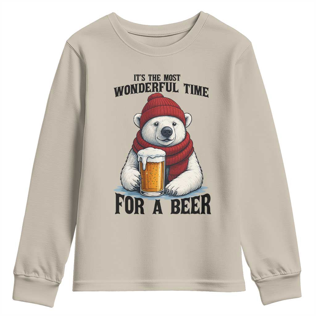 It is The Most Wonderful Time For A Beer Youth Sweatshirt Funny Polar Bear Drinking Beer - Wonder Print Shop
