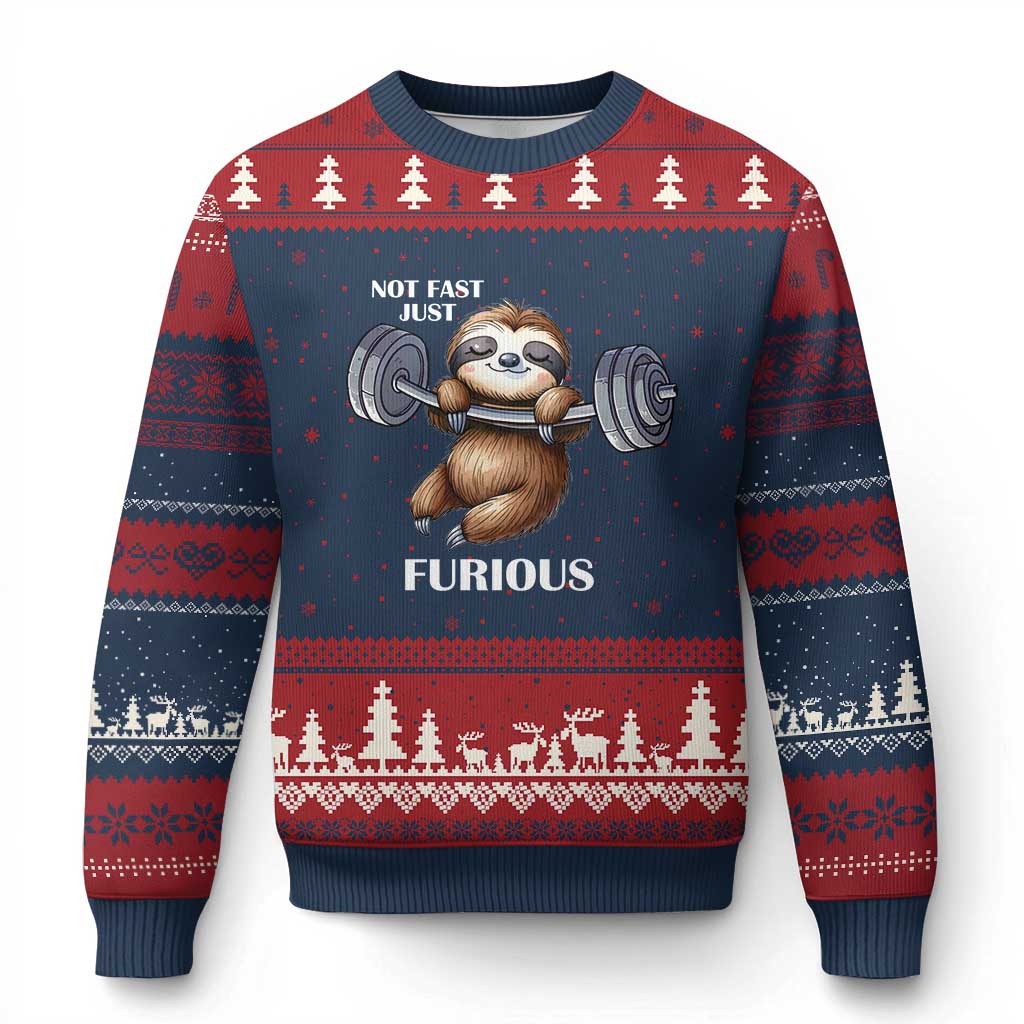 Funny Gym Sloth Ugly Christmas Sweater Not Fast Just Furious - Wonder Print Shop