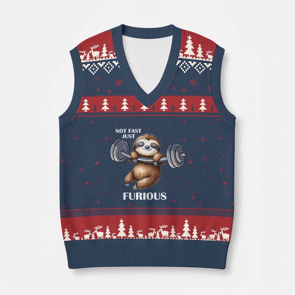 Funny Gym Sloth V-Neck Knit Sweater Vest Not Fast Just Furious - Wonder Print Shop