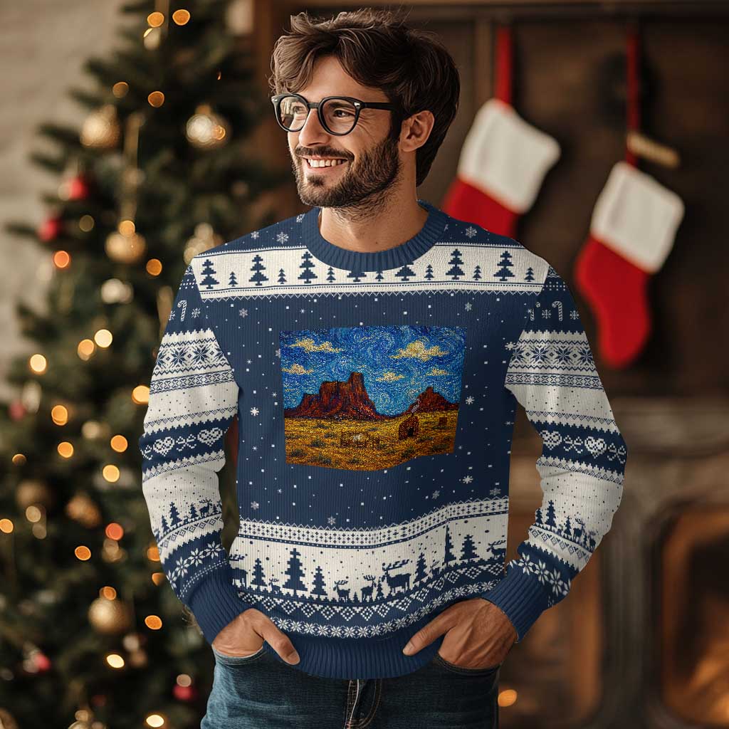 Starry Night Desert Monument Valley Ugly Christmas Sweater Hogan Home Oil Painting Graphic