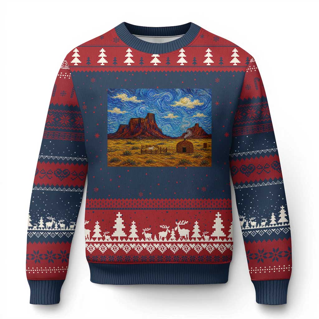 Starry Night Desert Monument Valley Ugly Christmas Sweater Hogan Home Oil Painting Graphic