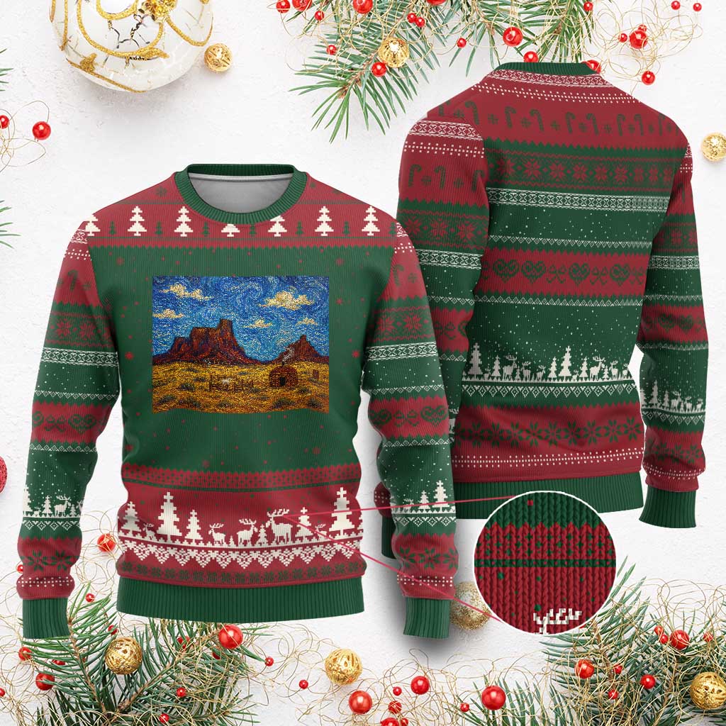 Starry Night Desert Monument Valley Ugly Christmas Sweater Hogan Home Oil Painting Graphic