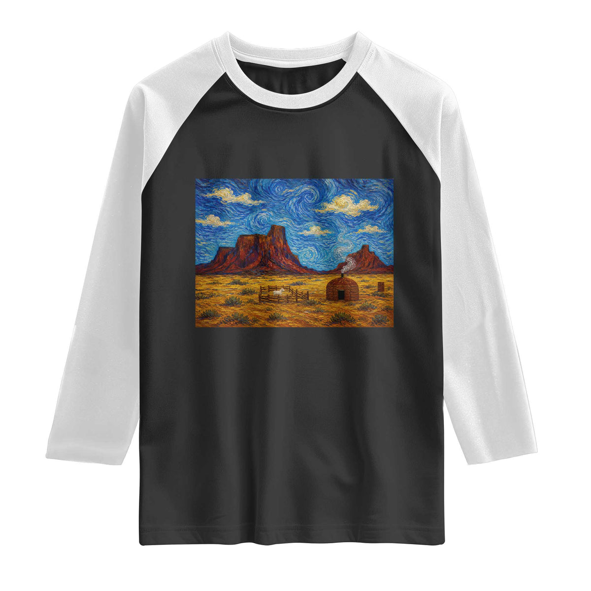 Starry Night Desert Monument Valley Raglan Shirt Hogan Home Oil Painting Graphic
