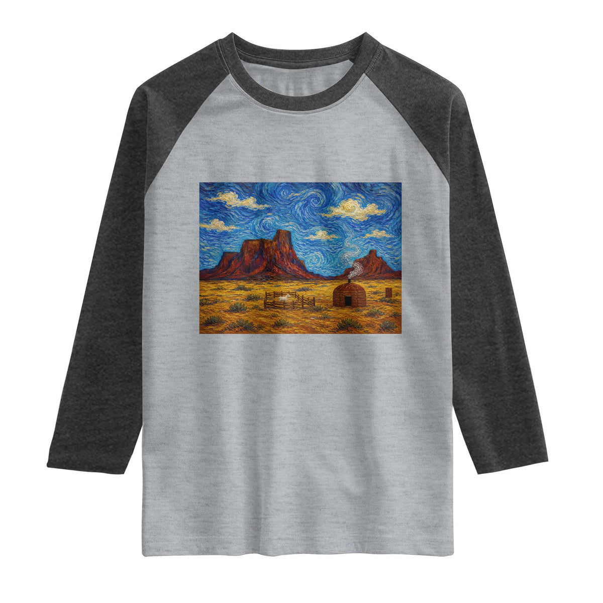 Starry Night Desert Monument Valley Raglan Shirt Hogan Home Oil Painting Graphic