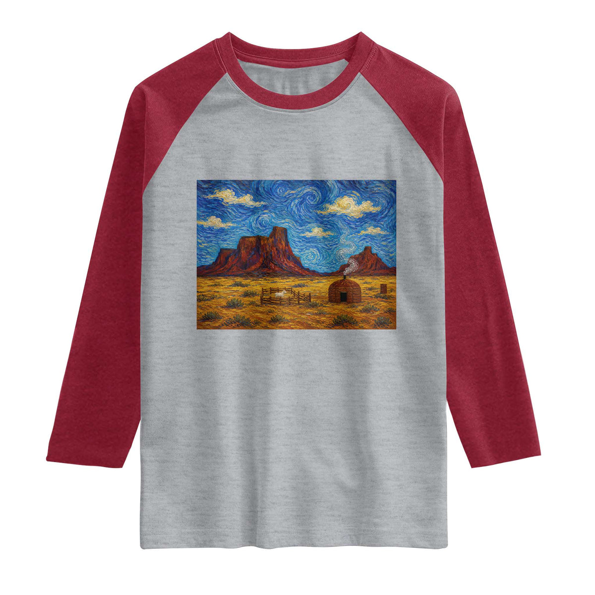 Starry Night Desert Monument Valley Raglan Shirt Hogan Home Oil Painting Graphic