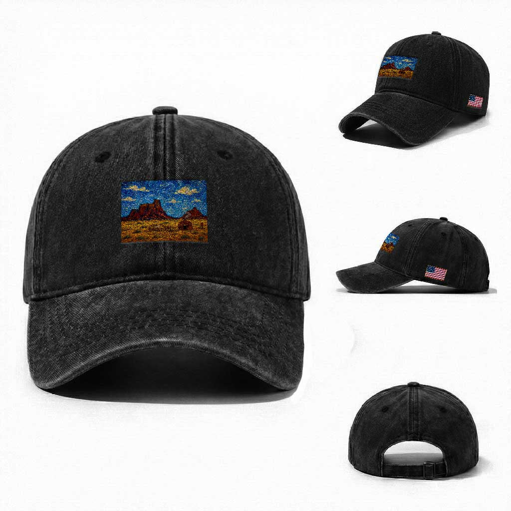 Starry Night Desert Monument Valley Washed Cotton Baseball Cap Hogan Home Oil Painting Graphic