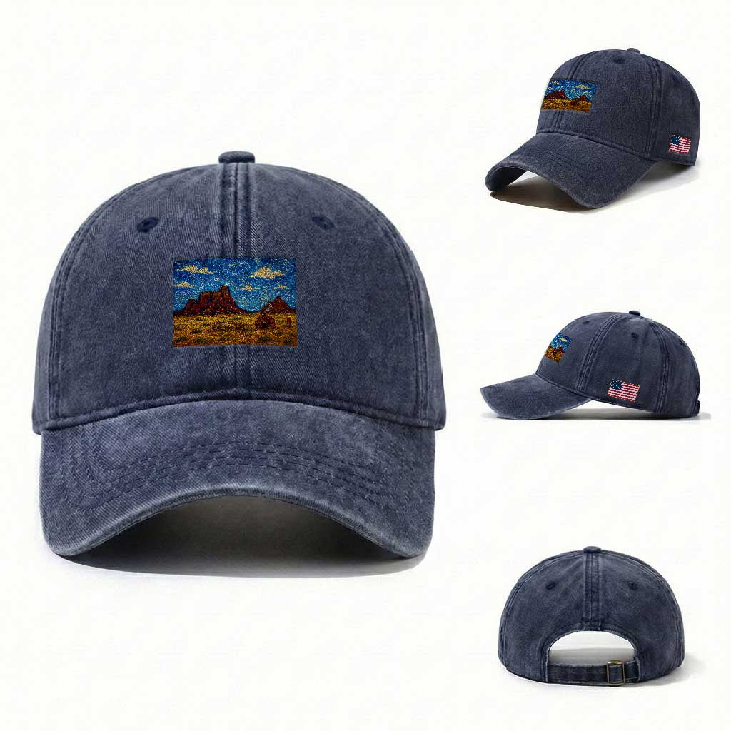 Starry Night Desert Monument Valley Washed Cotton Baseball Cap Hogan Home Oil Painting Graphic