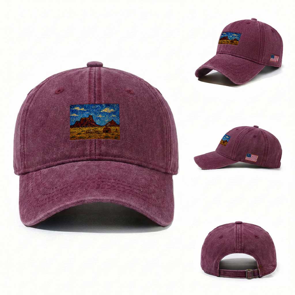 Starry Night Desert Monument Valley Washed Cotton Baseball Cap Hogan Home Oil Painting Graphic