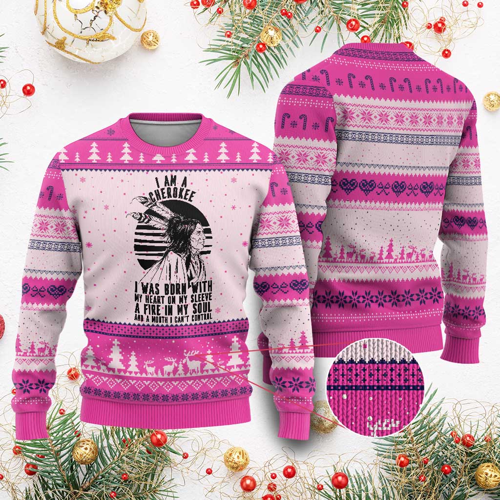 Native American Heritage Pride Gift Ugly Christmas Sweater I Am A Cherokee Born With Heart On My Sleeve