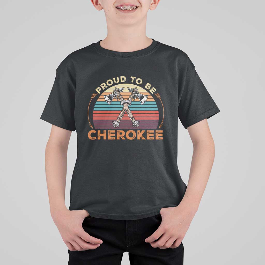 Cherokee Heritage Pride T Shirt For Kid Vintage Sunset Tomahawk Native American Graphic