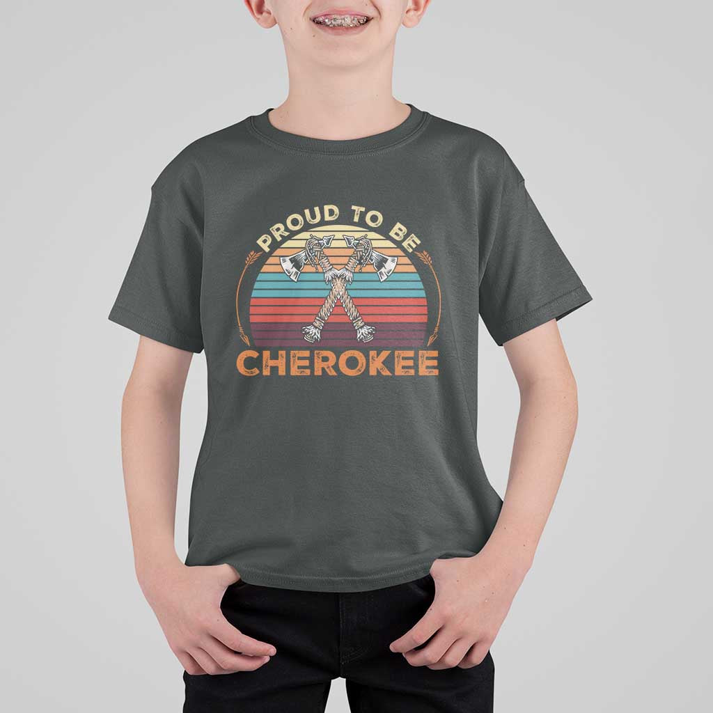 Cherokee Heritage Pride T Shirt For Kid Vintage Sunset Tomahawk Native American Graphic