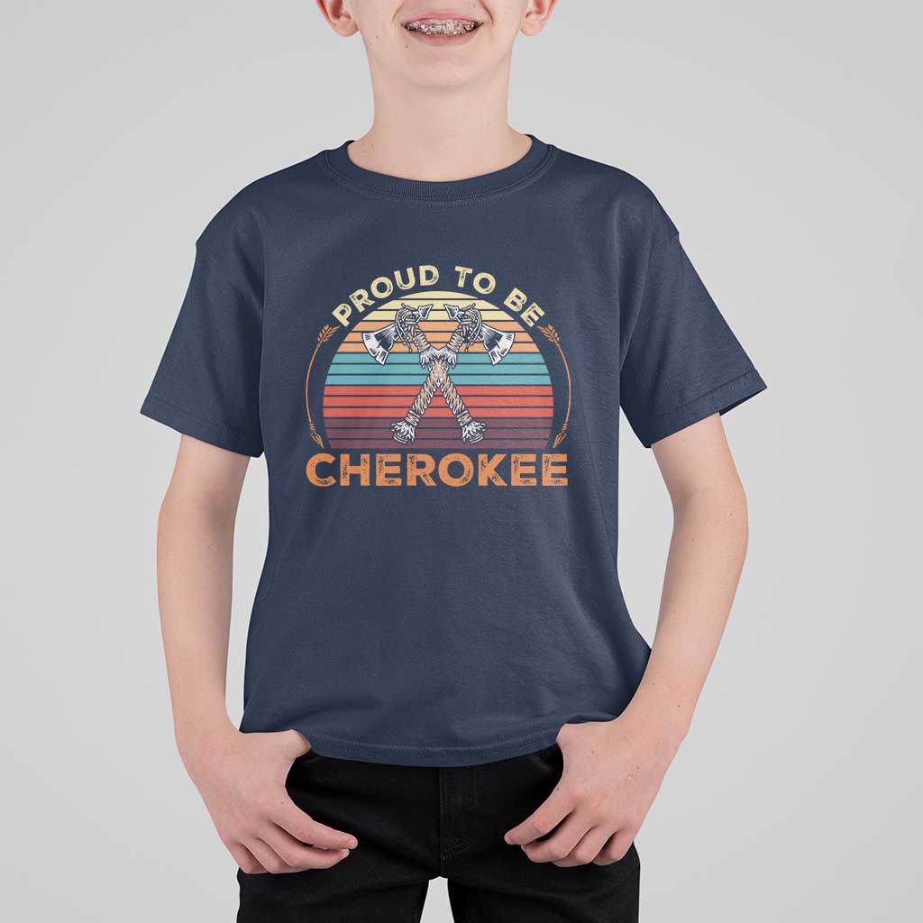 Cherokee Heritage Pride T Shirt For Kid Vintage Sunset Tomahawk Native American Graphic