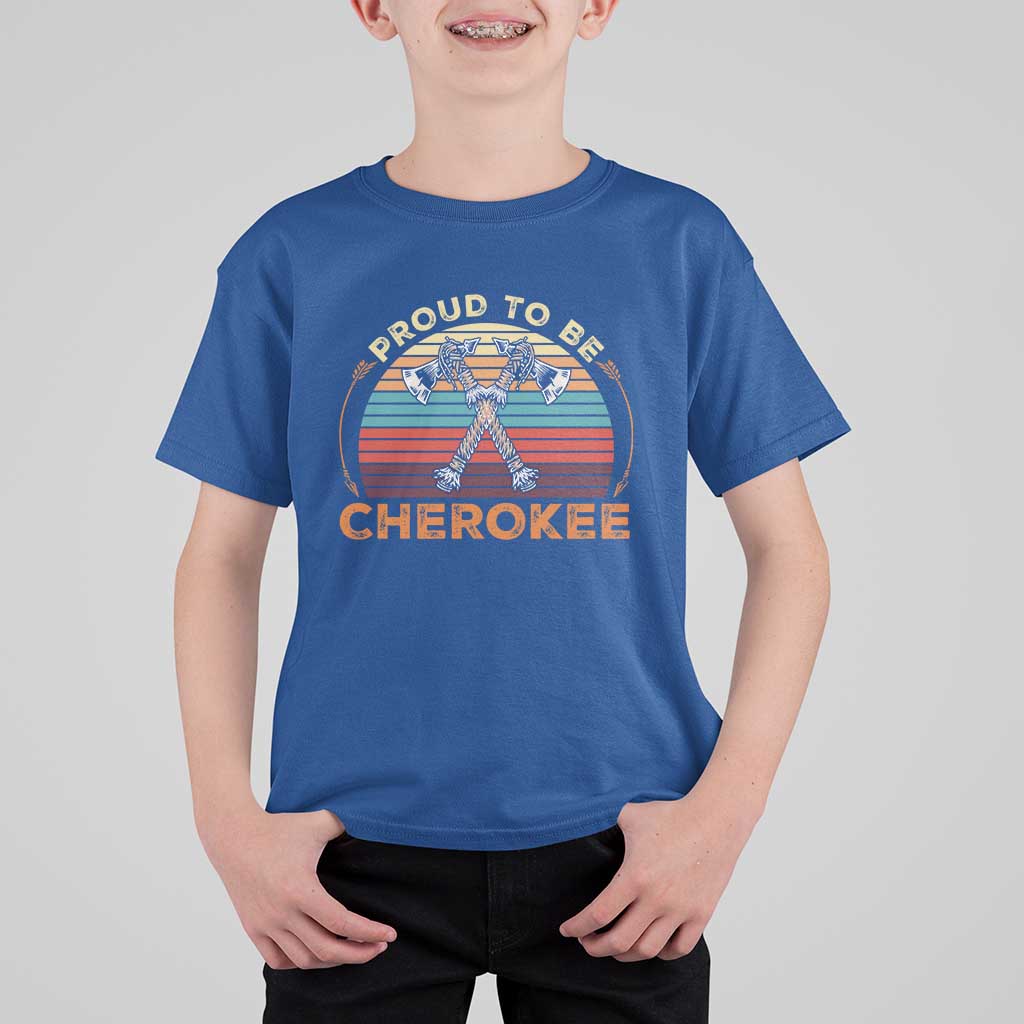 Cherokee Heritage Pride T Shirt For Kid Vintage Sunset Tomahawk Native American Graphic
