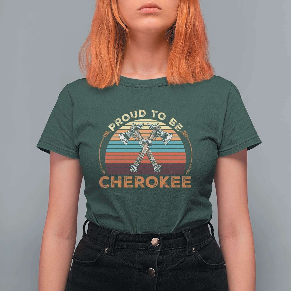 Cherokee Heritage Pride T Shirt For Women Vintage Sunset Tomahawk Native American Graphic