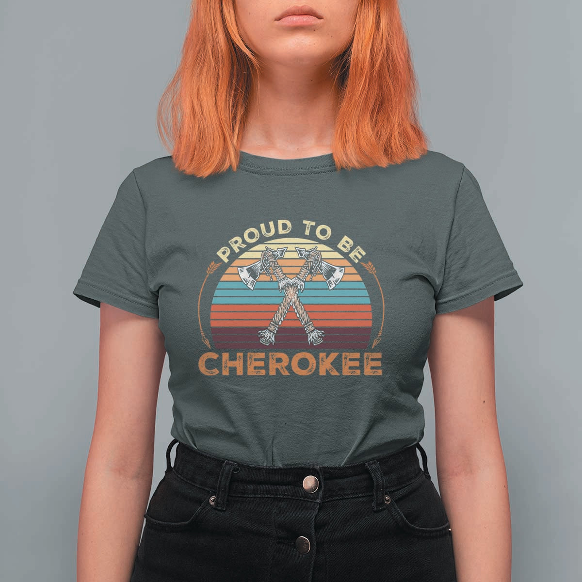 Cherokee Heritage Pride T Shirt For Women Vintage Sunset Tomahawk Native American Graphic