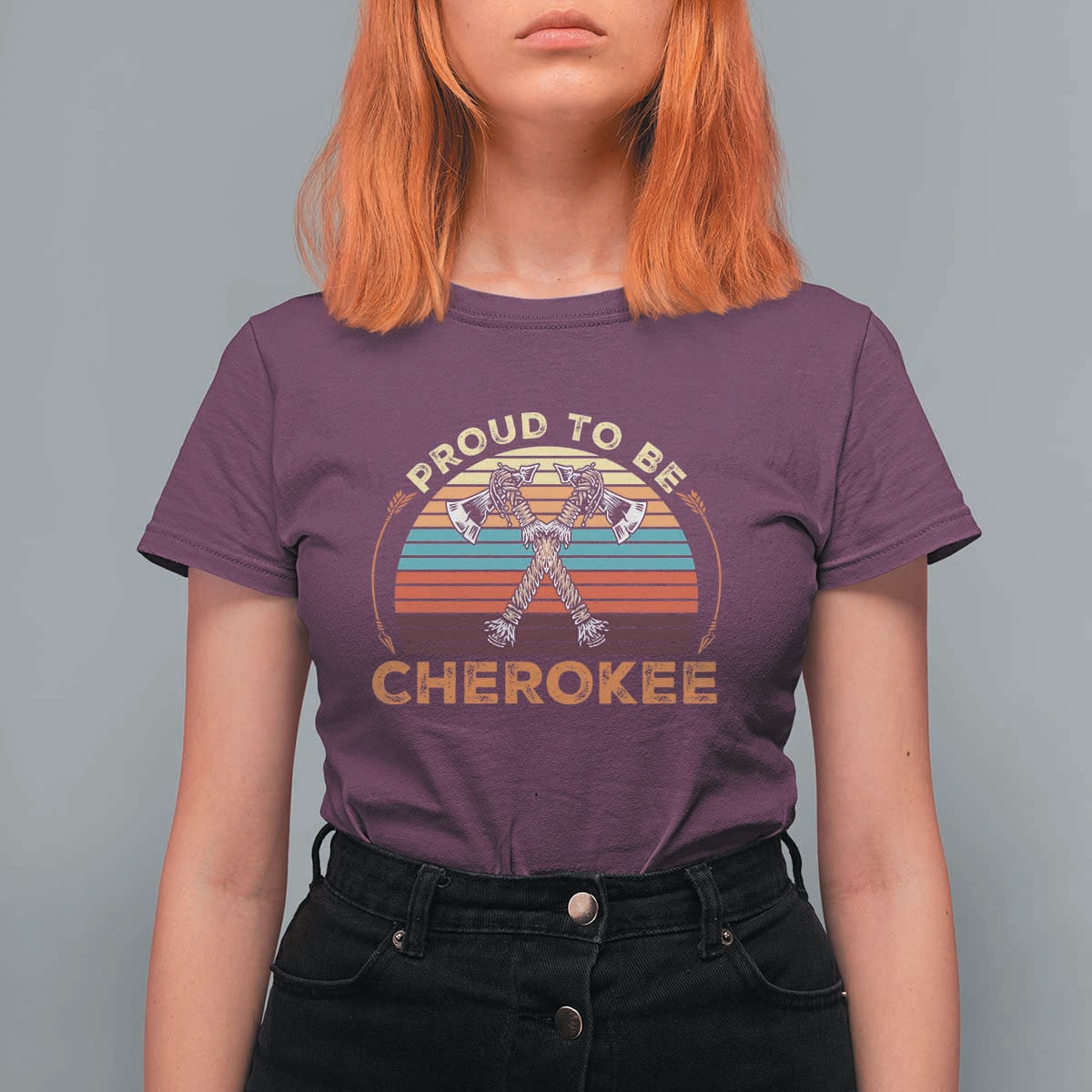 Cherokee Heritage Pride T Shirt For Women Vintage Sunset Tomahawk Native American Graphic