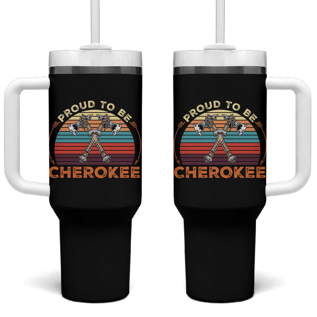 Cherokee Heritage Pride Tumbler With Handle Vintage Sunset Tomahawk Native American Graphic