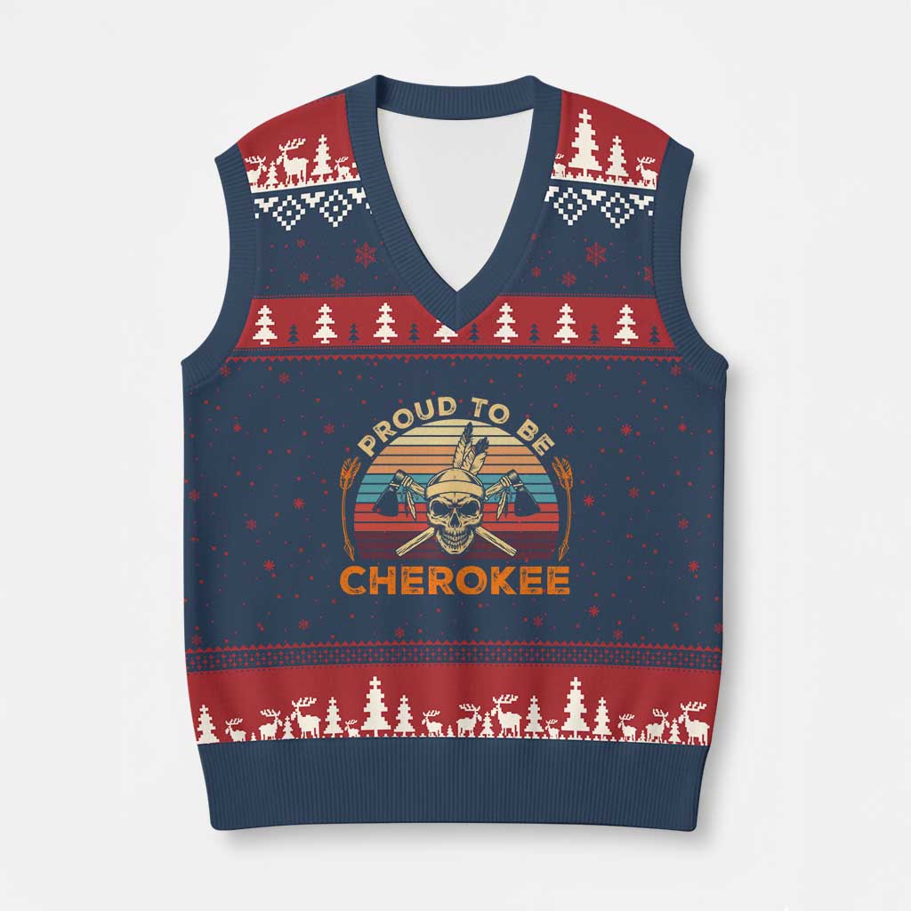 Cherokee Heritage Pride V-Neck Knit Sweater Vest Vintage Native American Warrior Skull