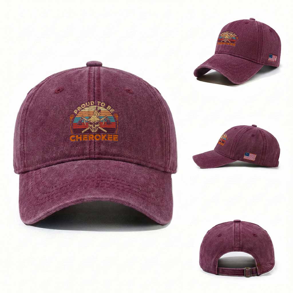 Cherokee Heritage Pride Washed Cotton Baseball Cap Vintage Native American Warrior Skull