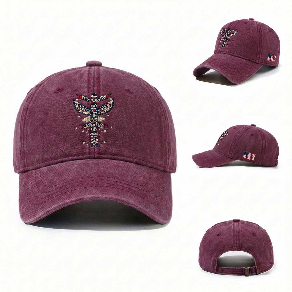 Native American Totem Pole Washed Cotton Baseball Cap Pacific Northwest Indigenous Tribal