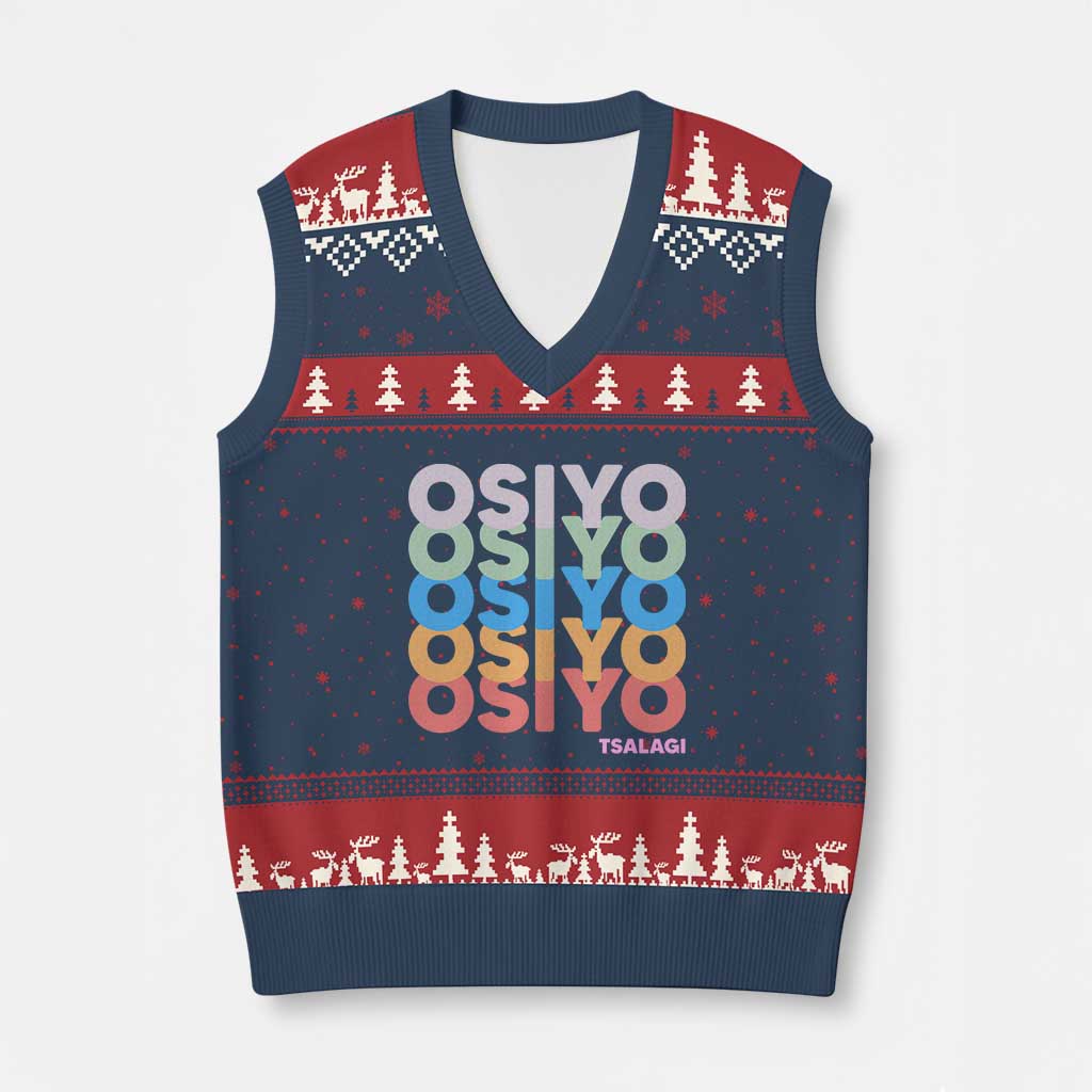 Osiyo Tsalagi Cherokee Native American Pride V-Neck Knit Sweater Vest Retro Stacked Typography