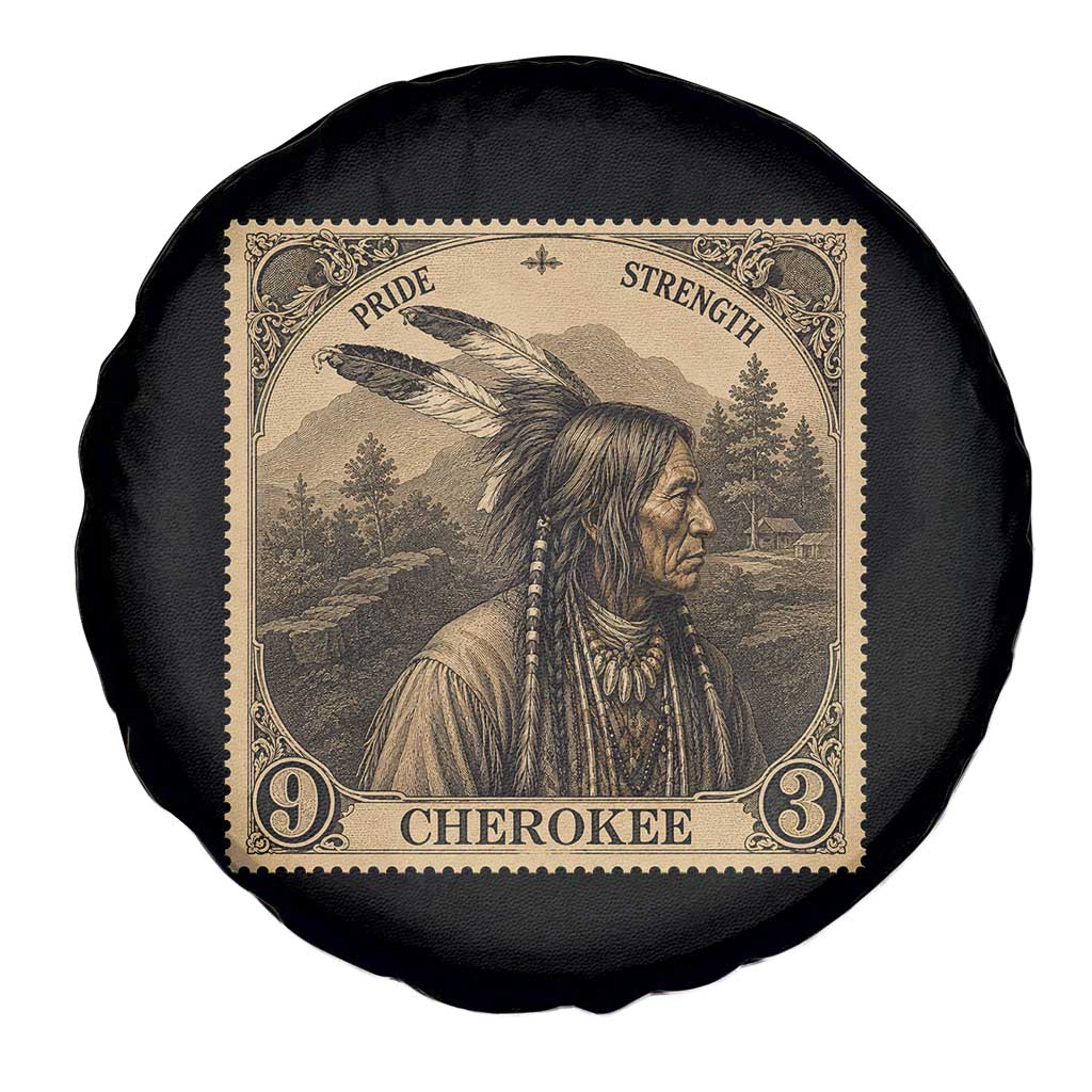 Cherokee Pride Strength Spare Tire Cover Native American Vintage Postage Stamp Graphic