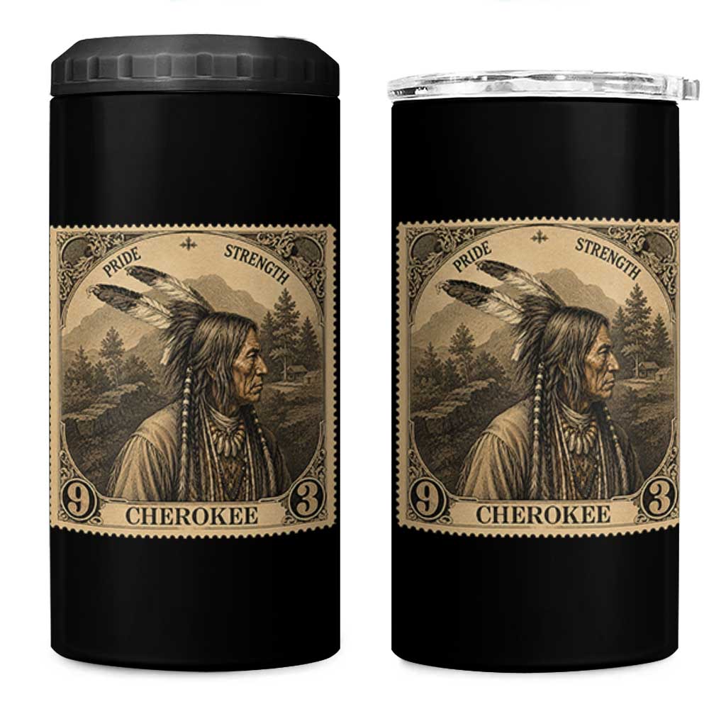 Cherokee Pride Strength 4 in 1 Can Cooler Tumbler Native American Vintage Postage Stamp Graphic