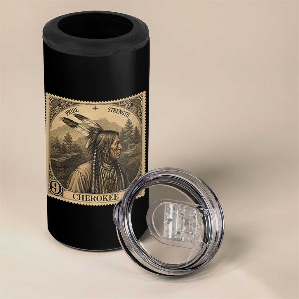 Cherokee Pride Strength 4 in 1 Can Cooler Tumbler Native American Vintage Postage Stamp Graphic