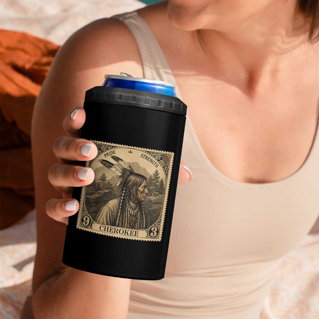 Cherokee Pride Strength 4 in 1 Can Cooler Tumbler Native American Vintage Postage Stamp Graphic