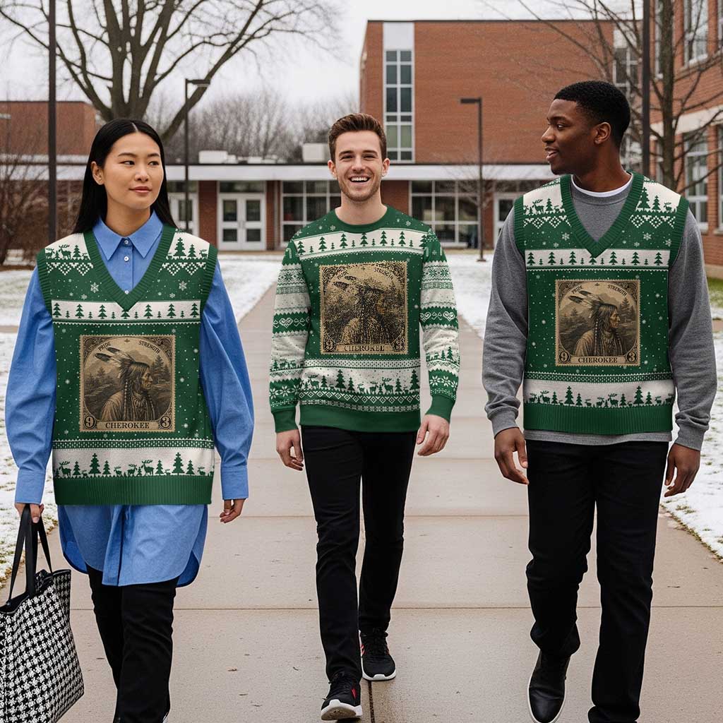 Cherokee Pride Strength V-Neck Knit Sweater Vest Native American Vintage Postage Stamp Graphic