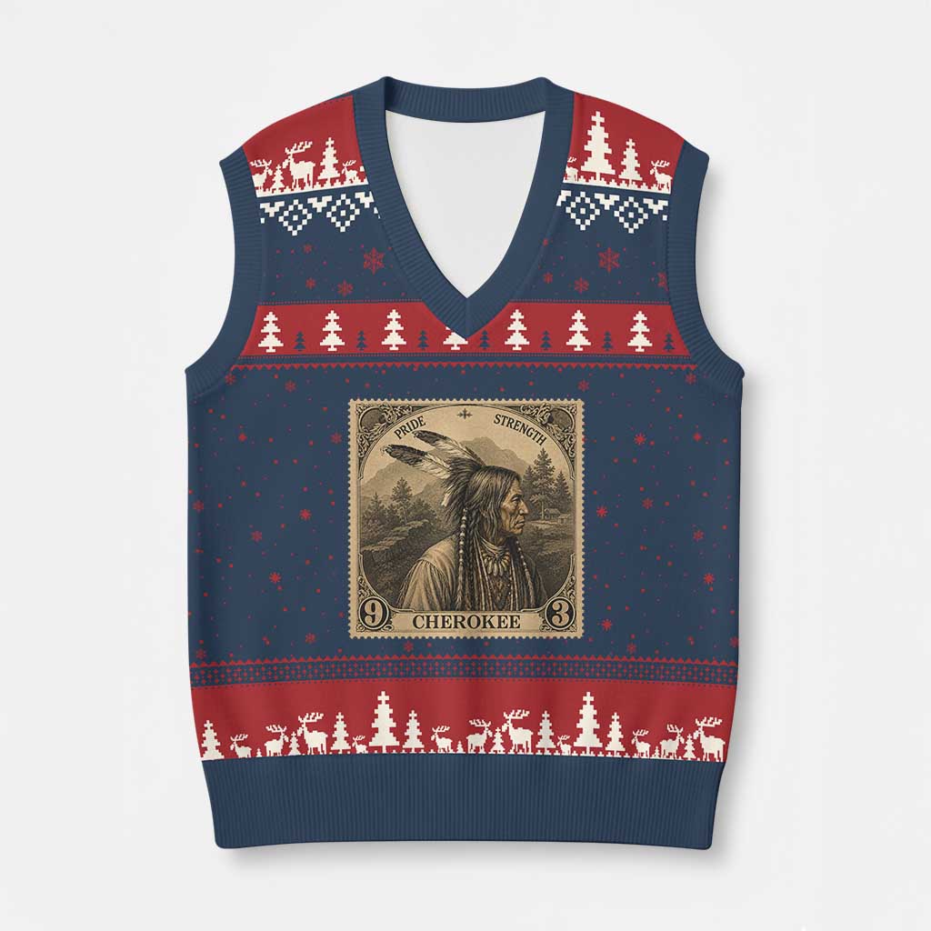 Cherokee Pride Strength V-Neck Knit Sweater Vest Native American Vintage Postage Stamp Graphic