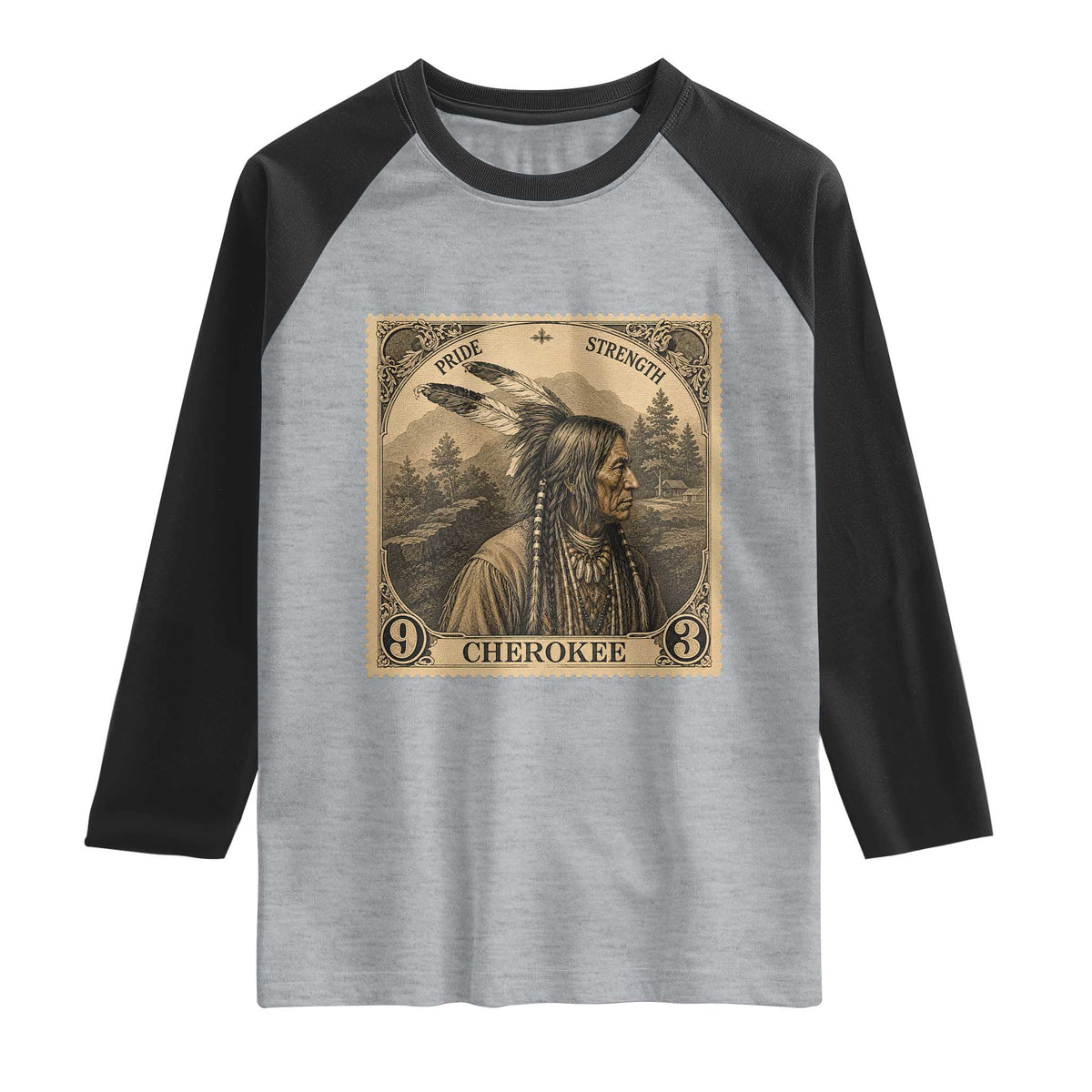 Cherokee Pride Strength Raglan Shirt Native American Vintage Postage Stamp Graphic