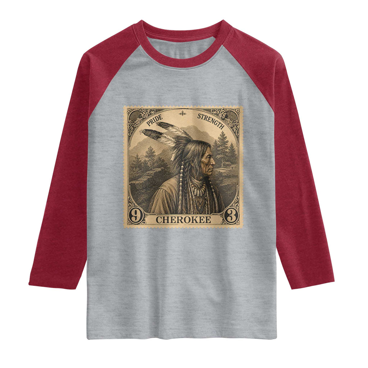 Cherokee Pride Strength Raglan Shirt Native American Vintage Postage Stamp Graphic