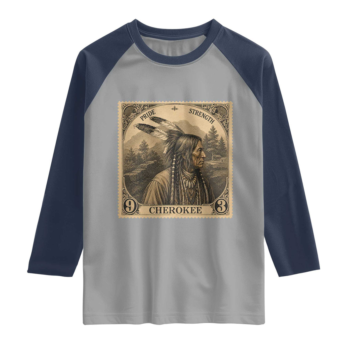 Cherokee Pride Strength Raglan Shirt Native American Vintage Postage Stamp Graphic