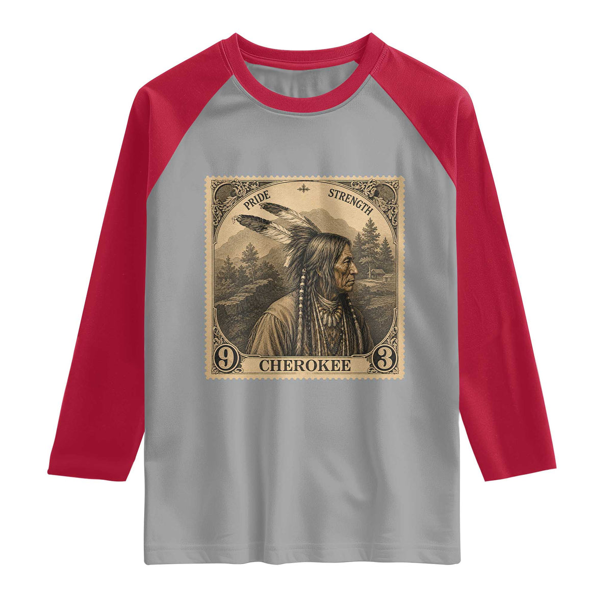 Cherokee Pride Strength Raglan Shirt Native American Vintage Postage Stamp Graphic