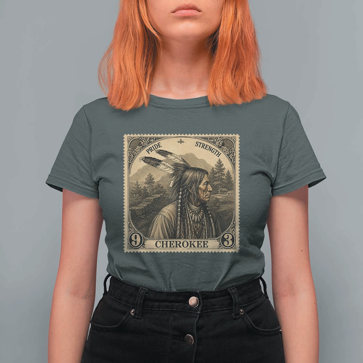 Cherokee Pride Strength T Shirt For Women Native American Vintage Postage Stamp Graphic