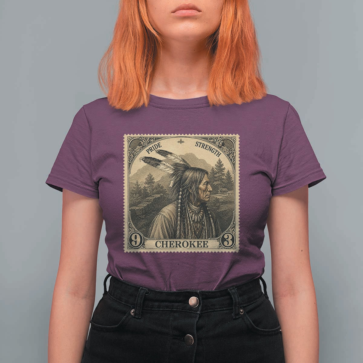 Cherokee Pride Strength T Shirt For Women Native American Vintage Postage Stamp Graphic